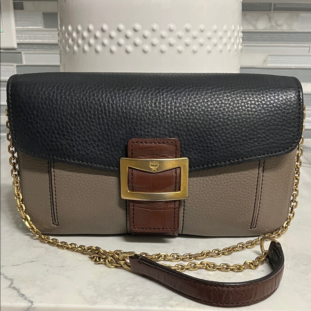 MCM Tricolor Leather Chain Shoulder Bag - Black, Taupe & Brown